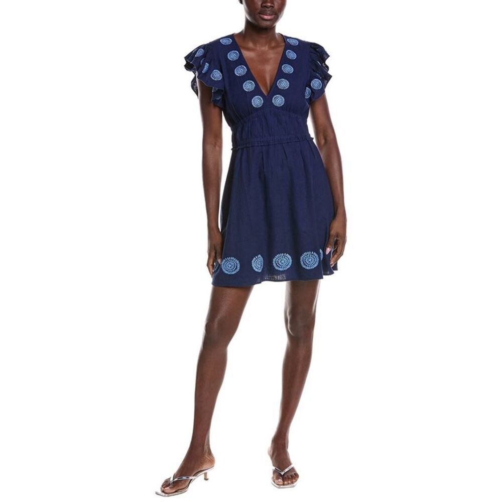 Sail To Sable Womens  V-Neck Flutter Sleeve Linen-Blend Mini Dress, Navy